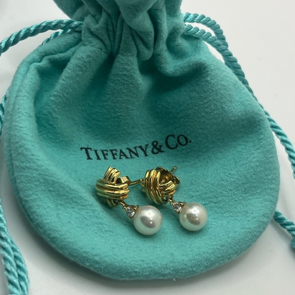 Tiffany & Co. 18K Yellow Gold Natural Pearl Diamond Earrings - Picture 2 of 6